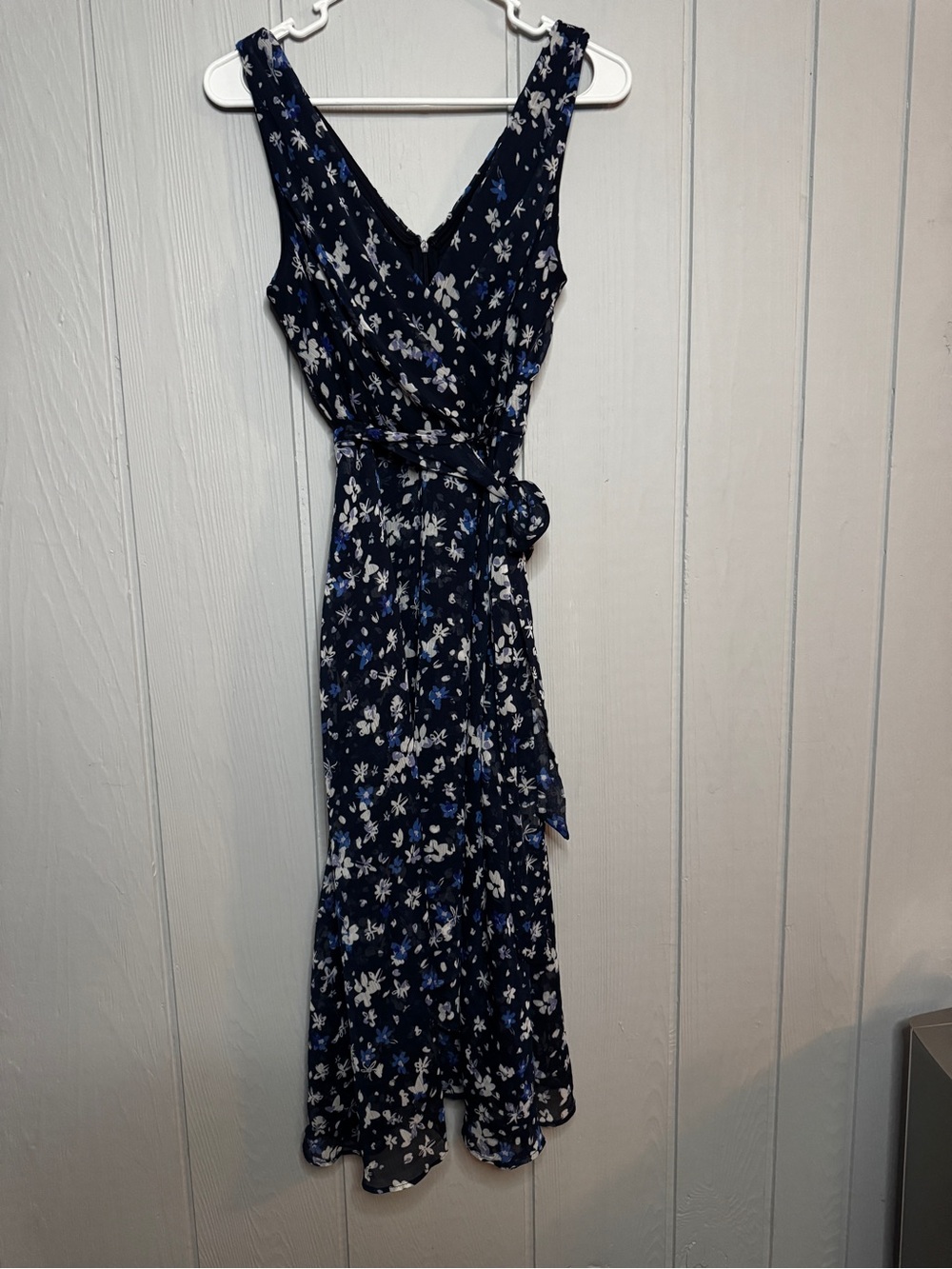 DKNY Navy and White Floral Wrap Maxi Dress